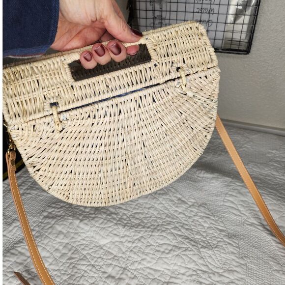 C&C California Half Moon Rattan Bag Cross Body Hand Purse Wicker Gingham - Picture 13 of 16